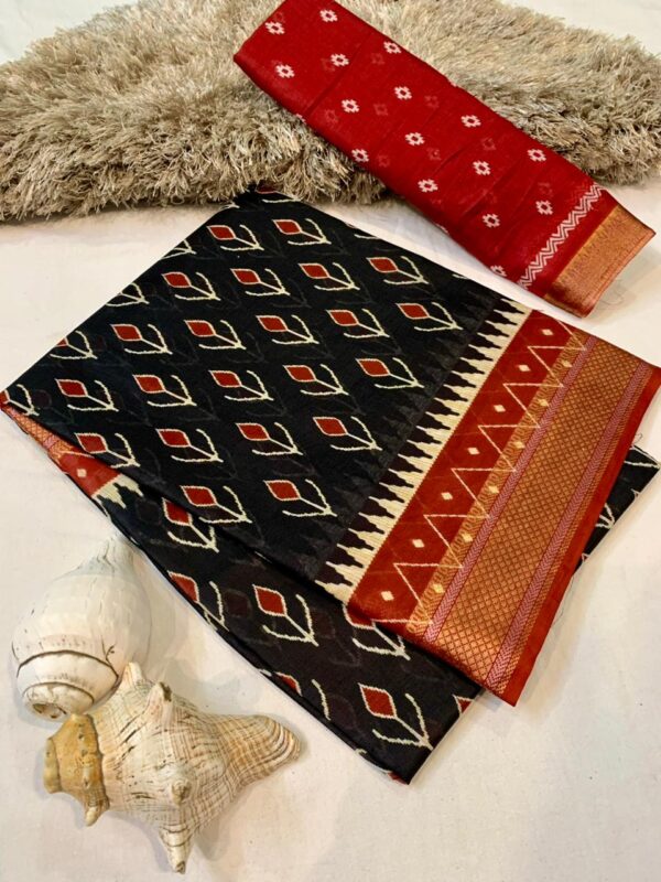 Leaf Design Printed Cotton Mulmul Saree with Blouse Piece - Image 5