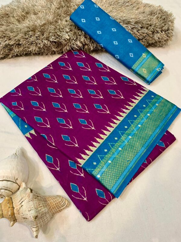 Leaf Design Printed Cotton Mulmul Saree with Blouse Piece - Image 3