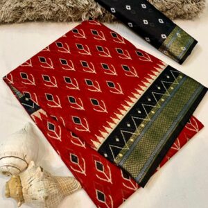 Leaf Design Printed Cotton Mulmul Saree with Blouse Piece