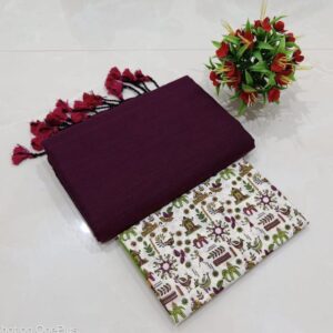 Elegant Plain Cotton saree with extra kalamkari blouse piece