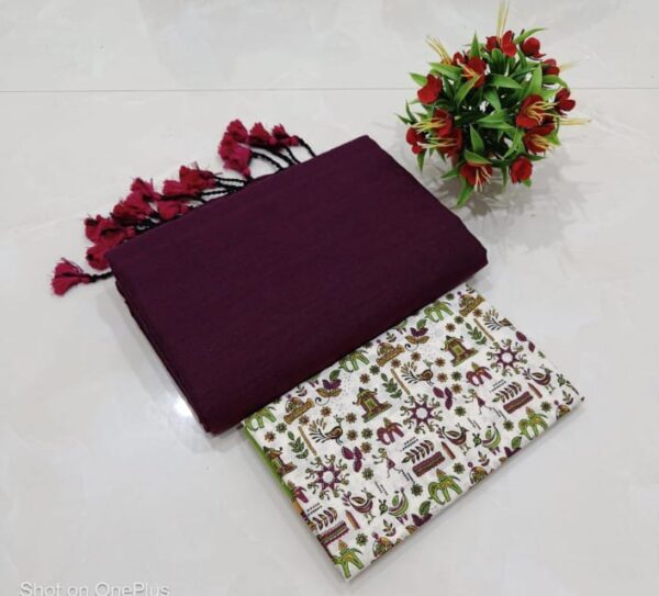 Elegant Plain Cotton saree with extra kalamkari blouse piece