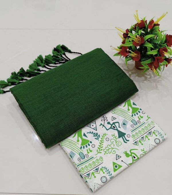 Elegant Plain Cotton Sarees with extra Kalamkari Blouse piece