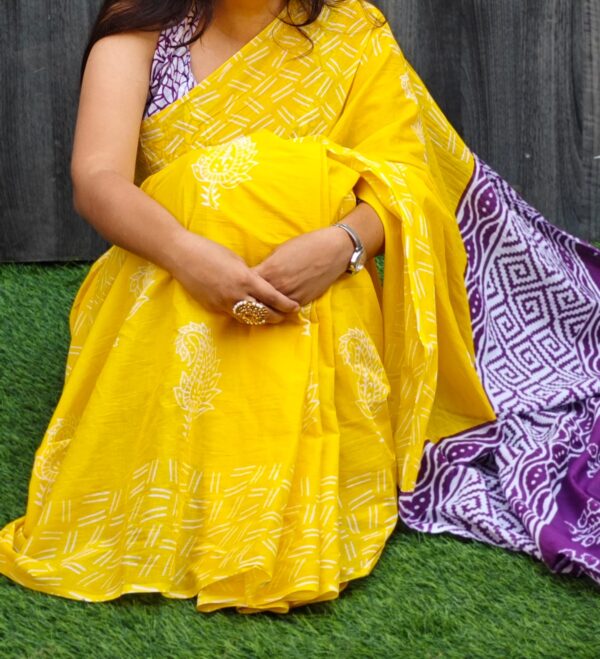 Yellow Cotton Mulmul Saree with blouse piece