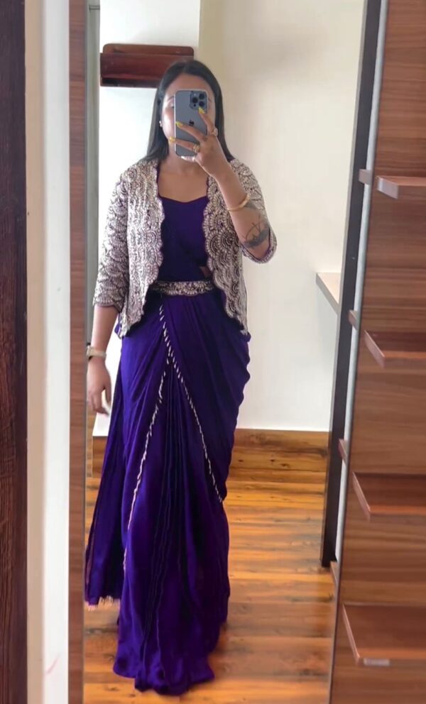 Embroidery cording work with Embroidery Blouse with Full Koti - Ready to wear Chinon Saree - Image 10