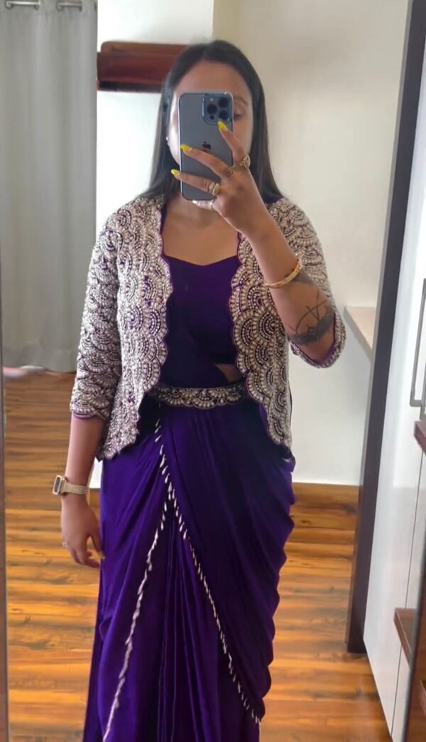Embroidery cording work with Embroidery Blouse with Full Koti - Ready to wear Chinon Saree - Image 11