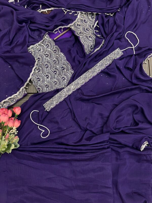 Embroidery cording work with Embroidery Blouse with Full Koti - Ready to wear Chinon Saree - Image 14