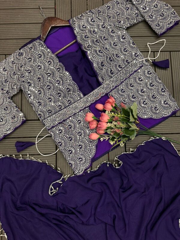 Embroidery cording work with Embroidery Blouse with Full Koti - Ready to wear Chinon Saree - Image 15