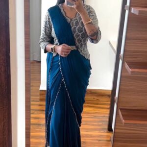 Embroidery cording work with Embroidery Blouse with Full Koti - Ready to wear Chinon Saree