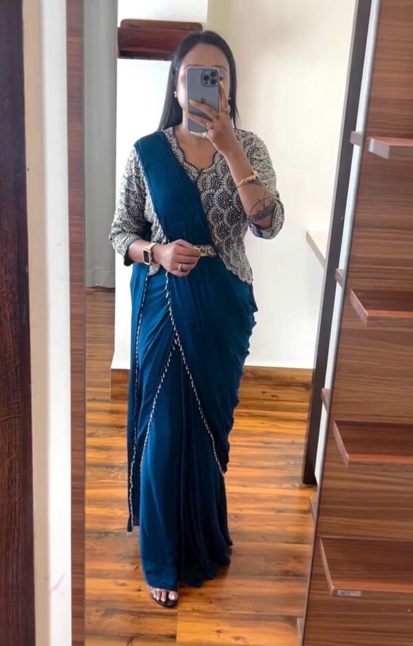 Embroidery cording work with Embroidery Blouse with Full Koti - Ready to wear Chinon Saree