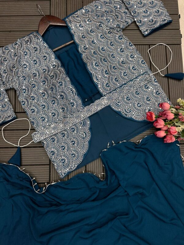 Embroidery cording work with Embroidery Blouse with Full Koti - Ready to wear Chinon Saree - Image 4