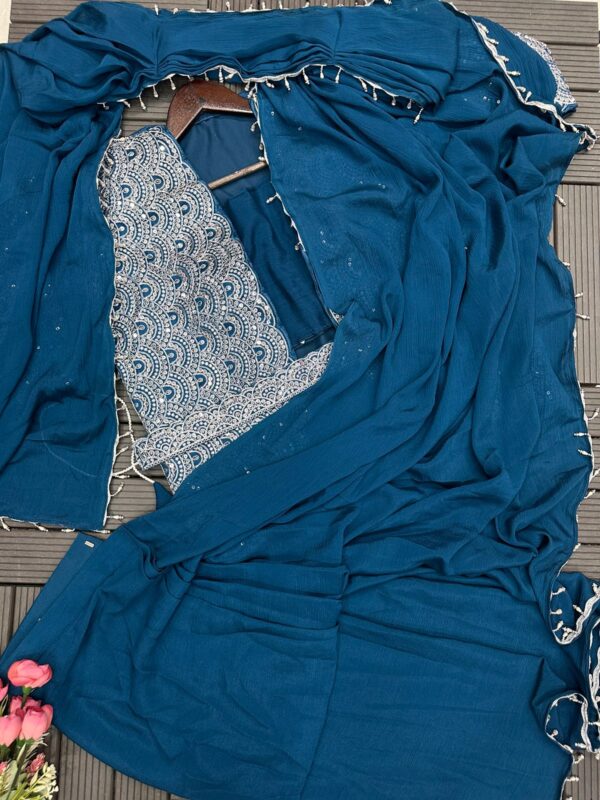 Embroidery cording work with Embroidery Blouse with Full Koti - Ready to wear Chinon Saree - Image 5