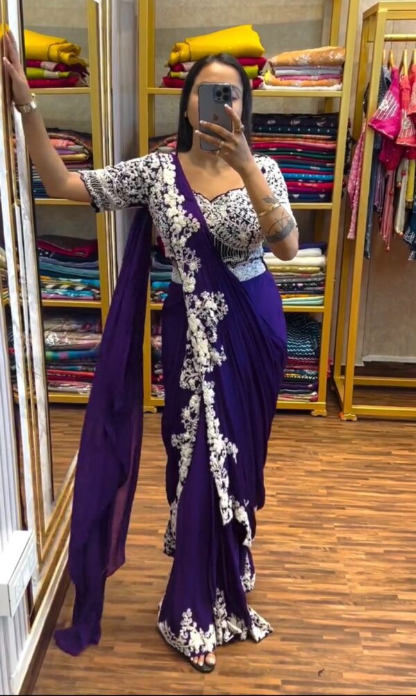 Embroidery cording work with Embroidery Blouse - Ready to wear Chinon Saree - Image 6