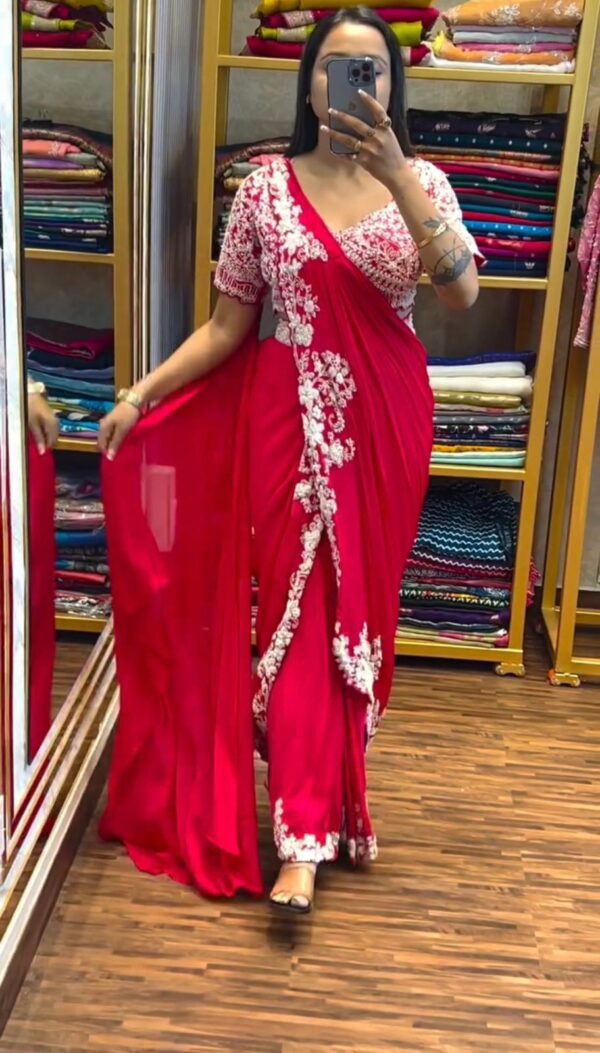 Embroidery cording work with Embroidery Blouse - Ready to wear Chinon Saree