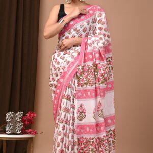 Hand block print Cotton Mulmul Sarees