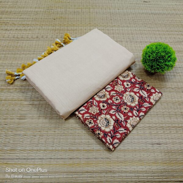 Plain Cotton Saree with Dual Blouse Pieces (kalamkari blouse piece)