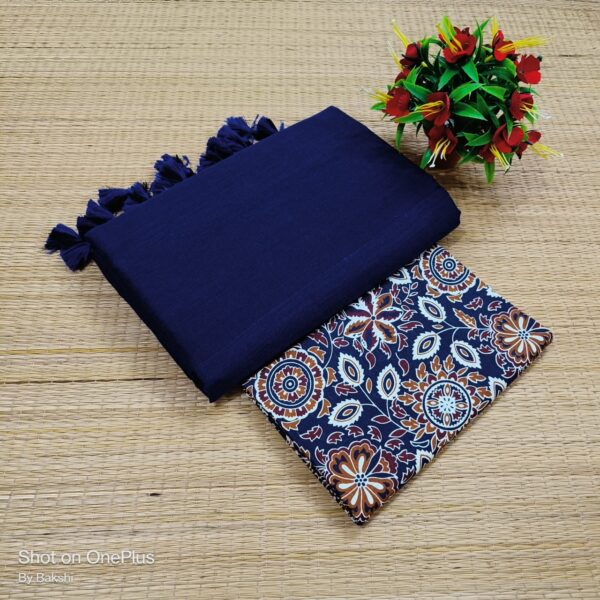 Plain Cotton Saree with Dual Blouse Pieces (kalamkari blouse piece)