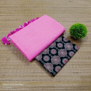 Plain Cotton Saree with Dual Blouse Pieces (kalamkari blouse piece)