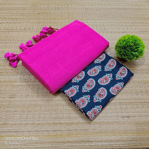Plain Cotton Saree with Dual Blouse Pieces (kalamkari blouse piece)
