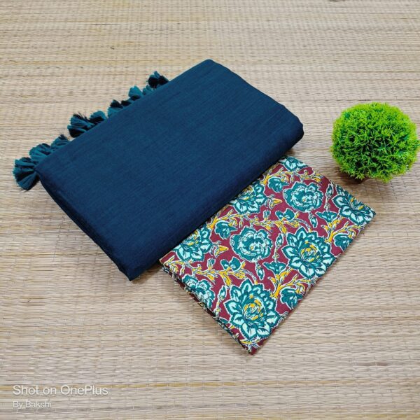 Plain Cotton Saree with Dual Blouse Pieces (kalamkari blouse piece)