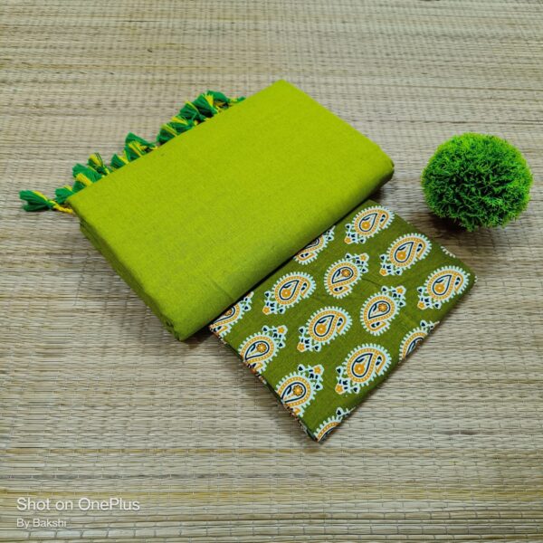 Plain Cotton Saree with Dual Blouse Pieces (kalamkari blouse piece)