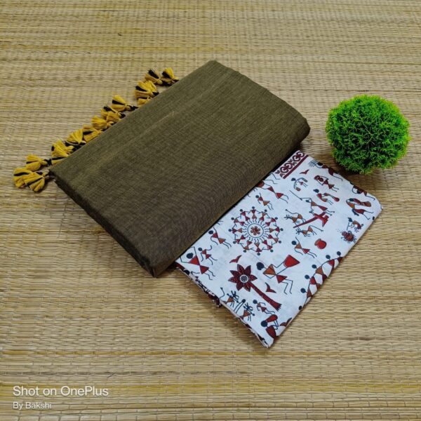 Plain Cotton Saree with Dual Blouse Pieces (kalamkari blouse piece)