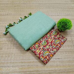 Plain Cotton Saree with Dual Blouse Pieces (kalamkari blouse piece)