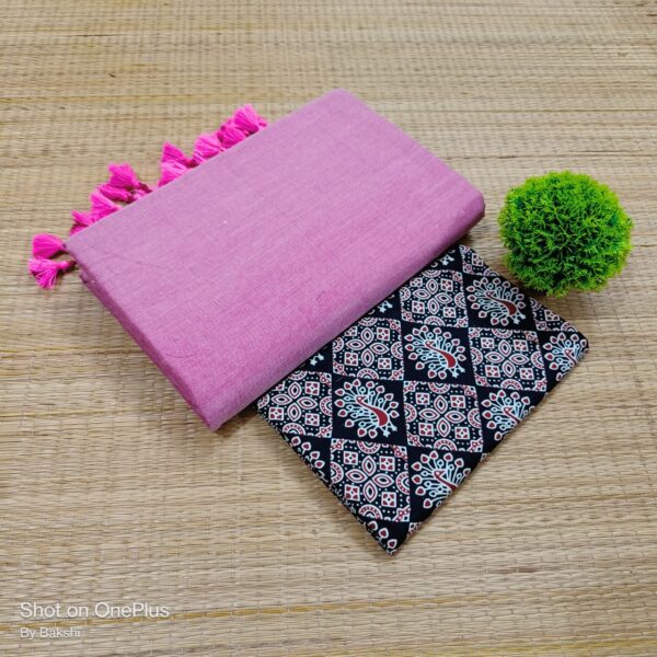 Plain Cotton Saree with Dual Blouse Pieces (kalamkari blouse piece)
