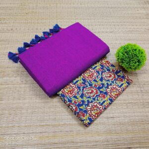 Plain Cotton Saree with Dual Blouse Pieces (kalamkari blouse piece)