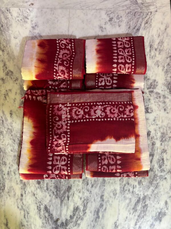 Linen Batik Saree with blouse piece Maroon - Image 3