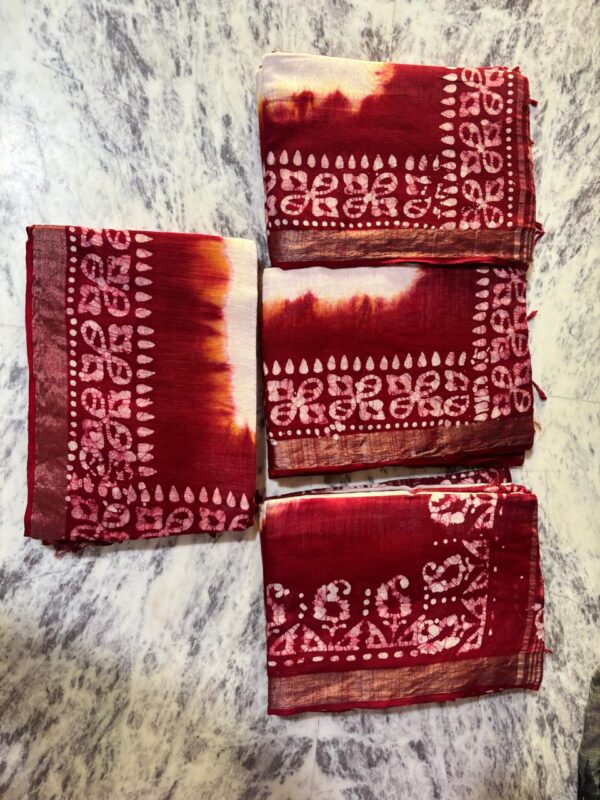 Linen Batik Saree with blouse piece Maroon - Image 4