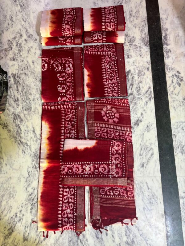 Linen Batik Saree with blouse piece Maroon - Image 5