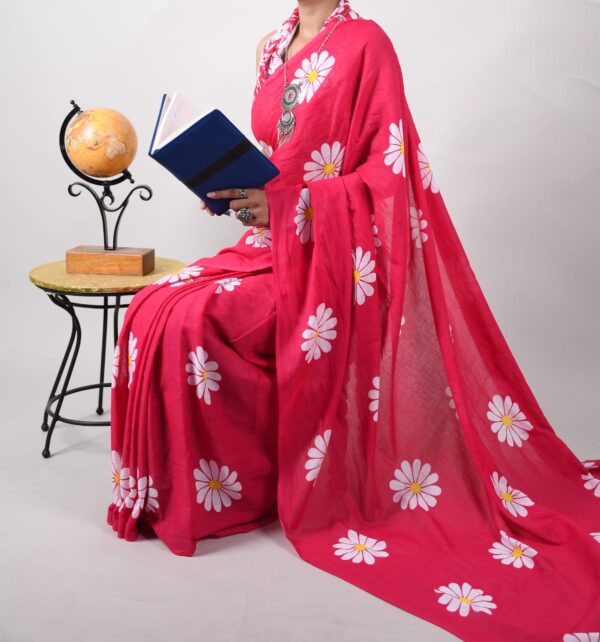 New Hand Block Mulmul Cotton Saree with Blouse Piece - Image 4