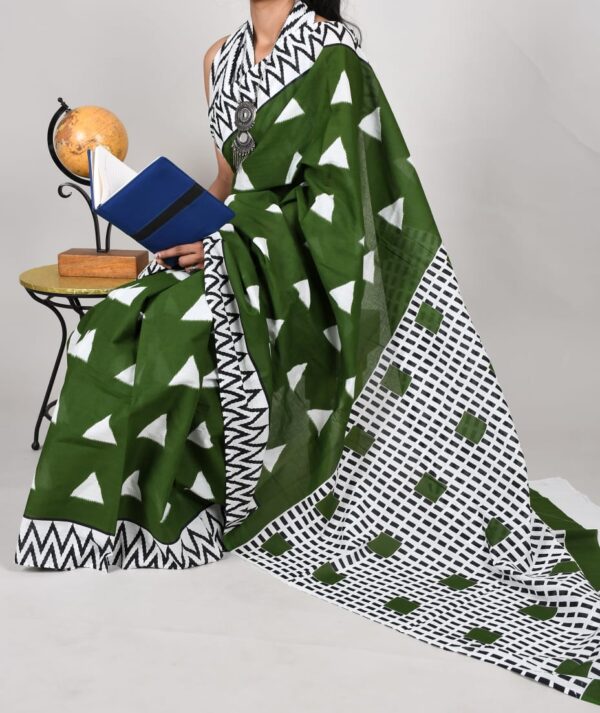 New Hand Block Mulmul Cotton Saree with Blouse Piece - Image 3