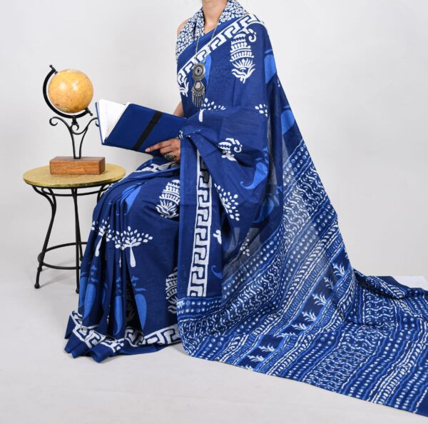 New Hand Block Mulmul Cotton Saree with Blouse Piece - Image 2