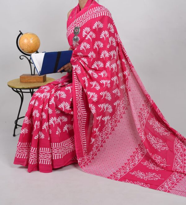 New Hand Block Mulmul Cotton Saree with Blouse Piece - Image 5