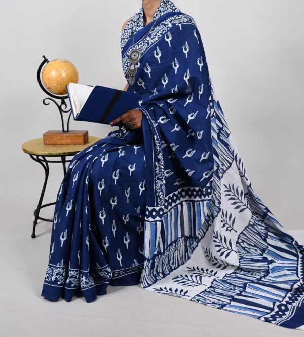 New Hand Block Mulmul Cotton Saree with Blouse Piece - Image 4