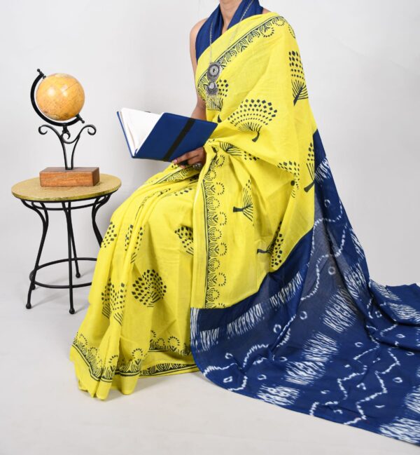 New Hand Block Mulmul Cotton Saree with Blouse Piece - Image 3