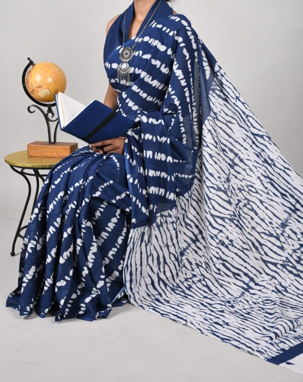 New Hand Block Mulmul Cotton Saree with Blouse Piece - Image 5