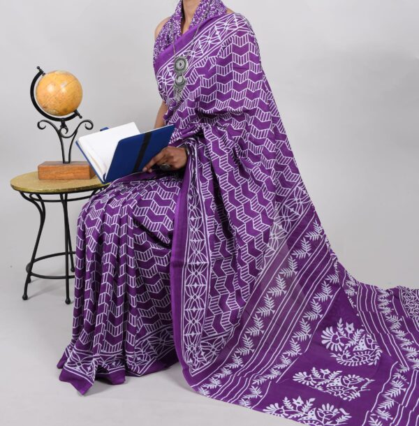 New Hand Block Mulmul Cotton Saree with Blouse Piece - Image 4