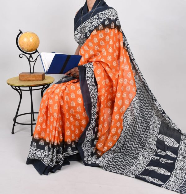 New Hand Block Mulmul Cotton Saree with Blouse Piece - Image 2