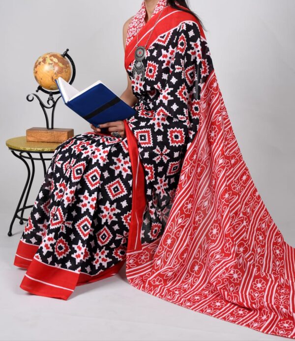 New Hand Block Mulmul Cotton Saree with Blouse Piece - Image 4