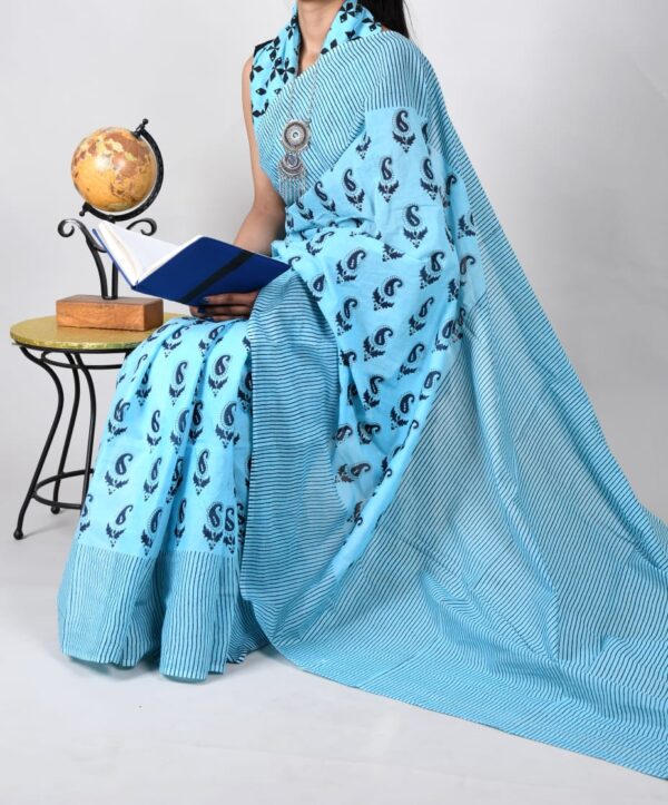 New Hand Block Mulmul Cotton Saree with Blouse Piece - Image 5