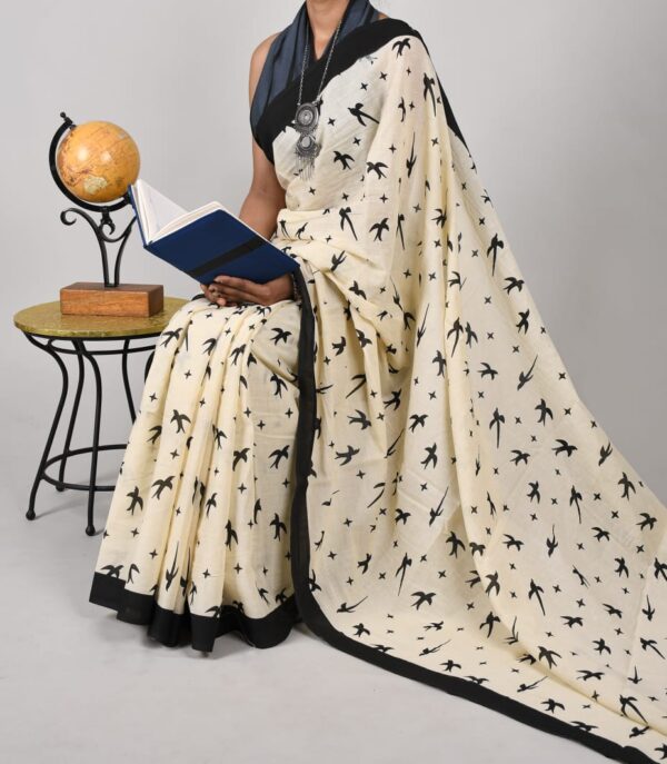 New Hand Block Mulmul Cotton Saree with Blouse Piece - Image 3