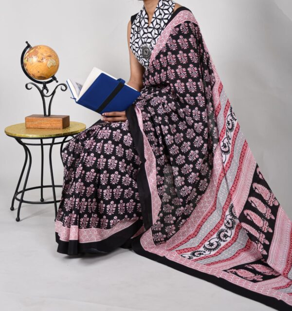 New Hand Block Mulmul Cotton Saree with Blouse Piece - Image 3