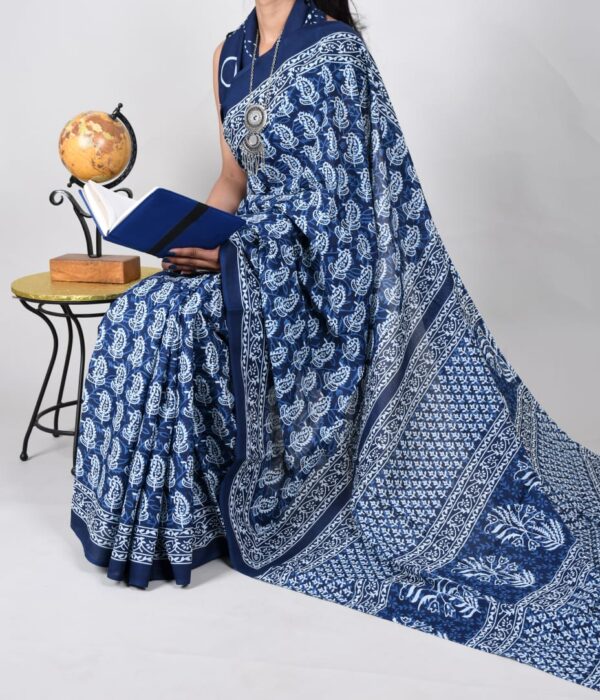 New Hand Block Mulmul Cotton Saree with Blouse Piece - Image 2