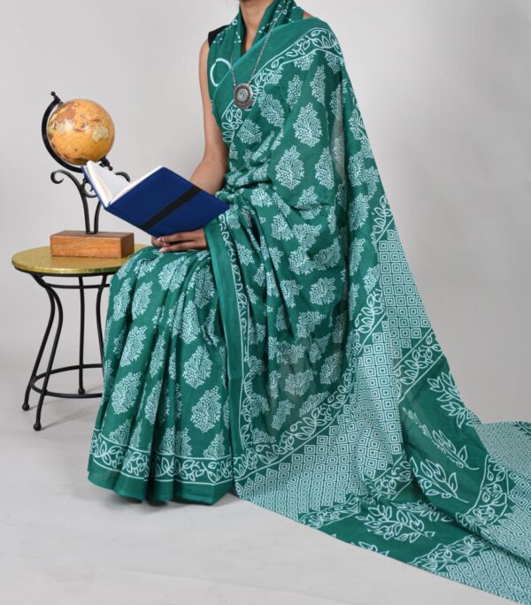 New Hand Block Mulmul Cotton Saree with Blouse Piece - Image 3