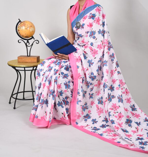 New Hand Block Mulmul Cotton Saree with Blouse Piece - Image 2