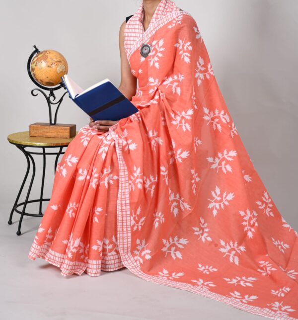New Hand Block Mulmul Cotton Saree with Blouse Piece - Image 5