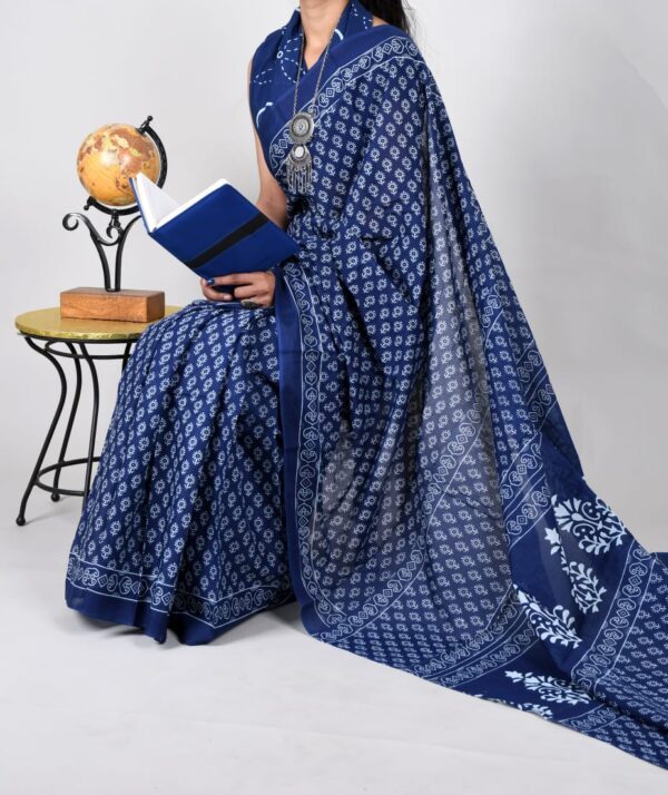 New Hand Block Mulmul Cotton Saree with Blouse Piece - Image 4
