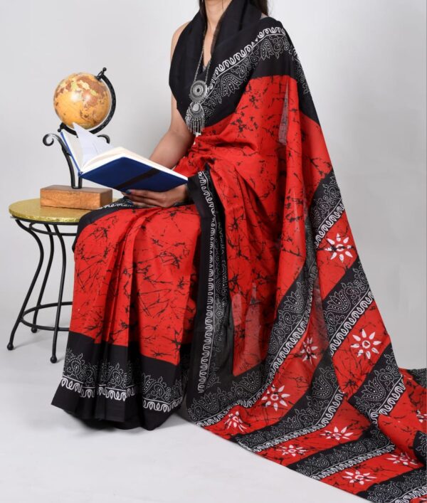New Hand Block Mulmul Cotton Saree with Blouse Piece - Image 2